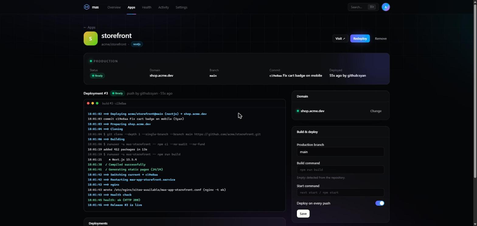 Mas app page: production deployment and live build log