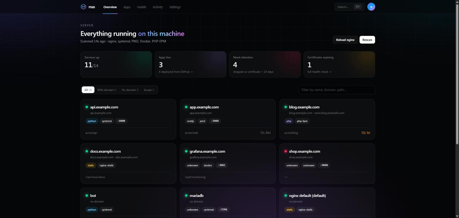 Mas overview: every service detected on the server, with status, domains, manager, port and SSL expiry